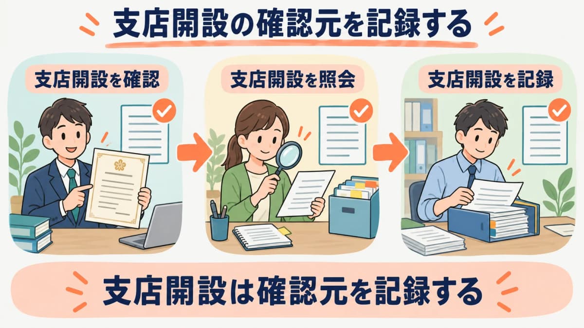 支店開設の確認元を、確認・照会・記録の3段で残す流れを示した図