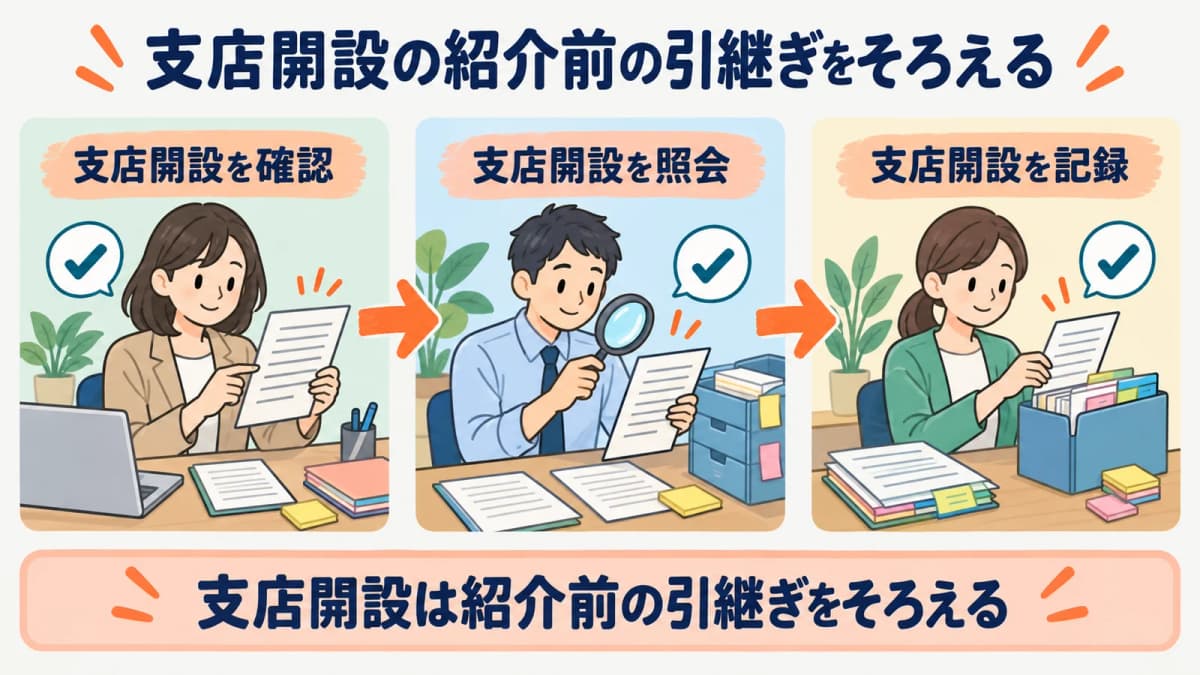 支店開設の紹介前の引継ぎを、確認・照会・記録の3段でそろえる流れを示した図