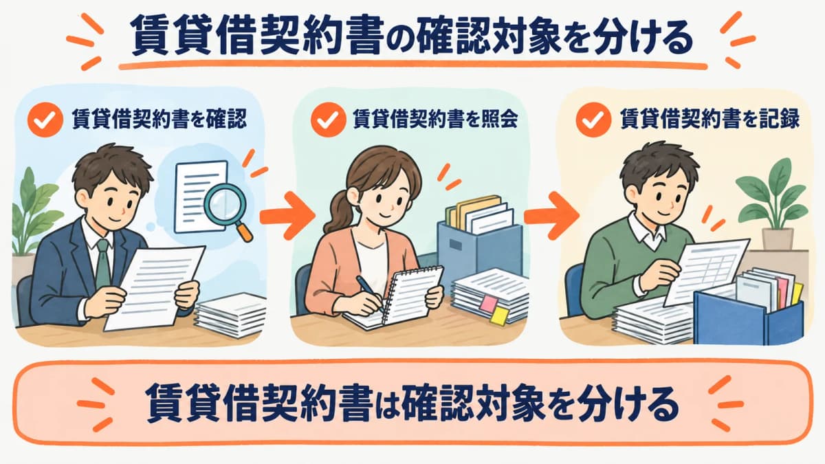 賃貸借契約書の確認対象を、確認・照会・記録の3段に分けて示した図