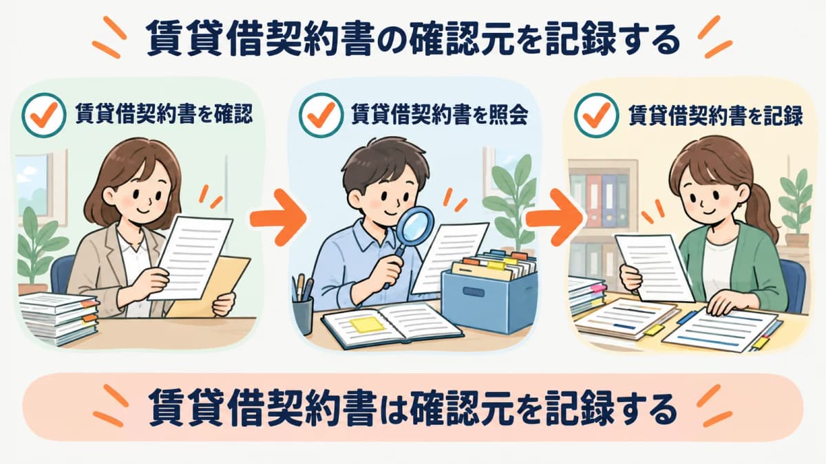 賃貸借契約書の確認元を、確認・照会・記録の3段で残す流れを示した図