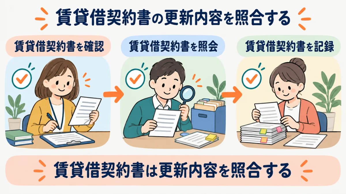 賃貸借契約書の更新内容を、確認・照会・記録の3段で照合する流れを示した図