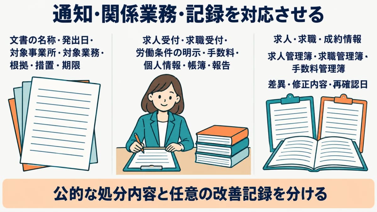 命令・指摘事項と関係業務・求人求職成約・確認記録を対応させる図
