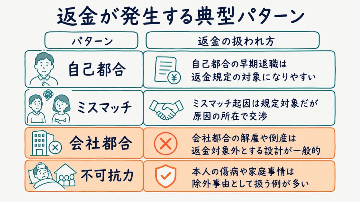 早期離職で返金が発生する典型パターンの図解