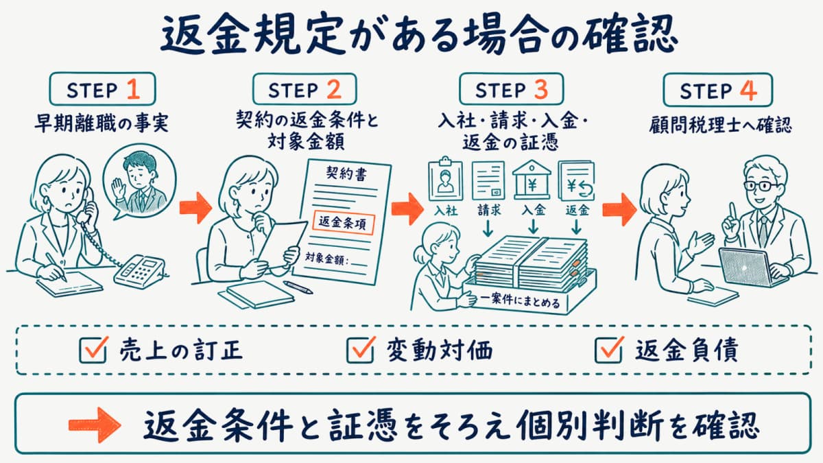 早期離職時に返金条件・対象金額・証憑と会計確認を結び付ける図