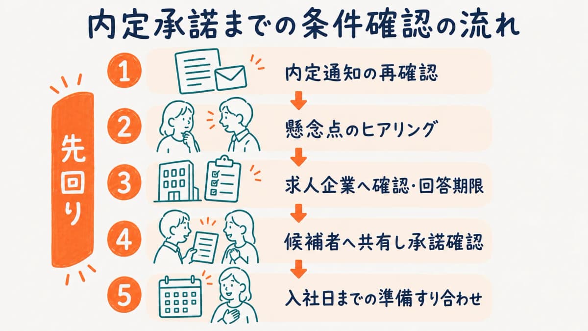 内定承諾までのオファー面談と条件確認の流れを示した図