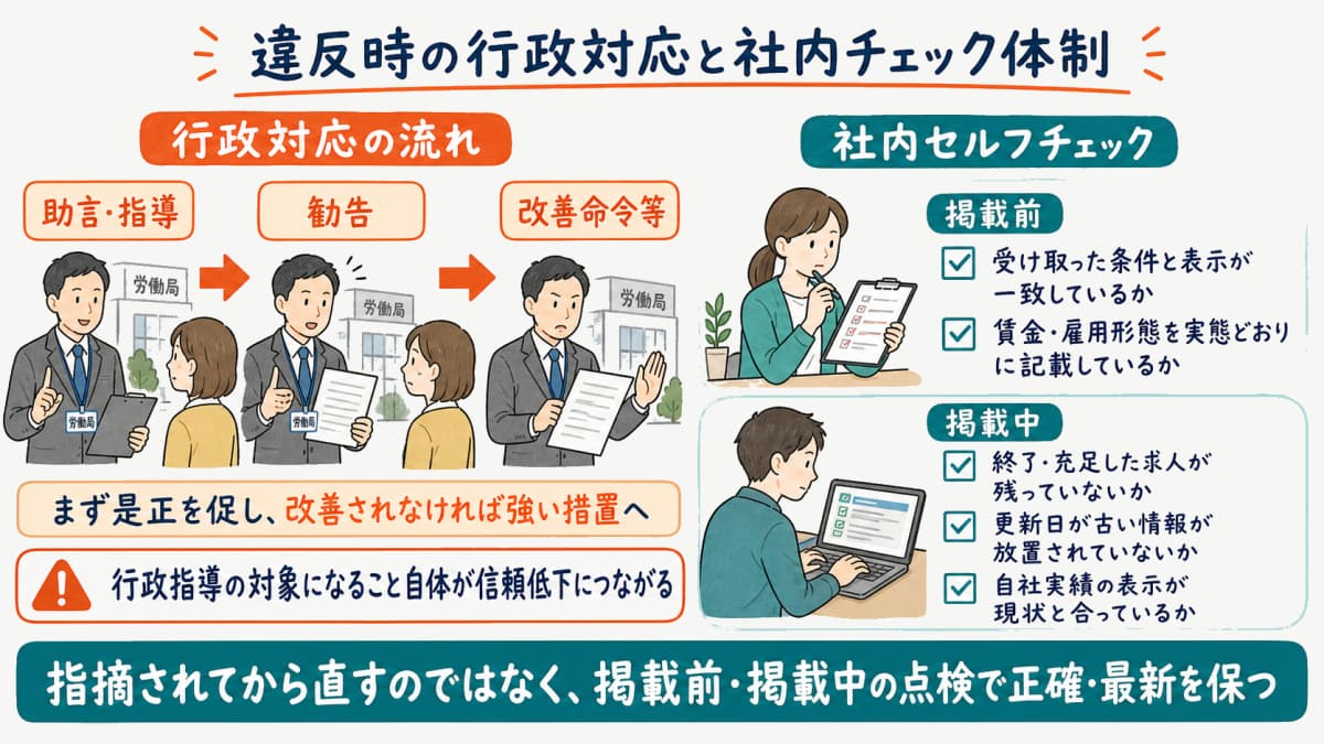 的確表示義務違反時の行政対応と社内チェック体制の図
