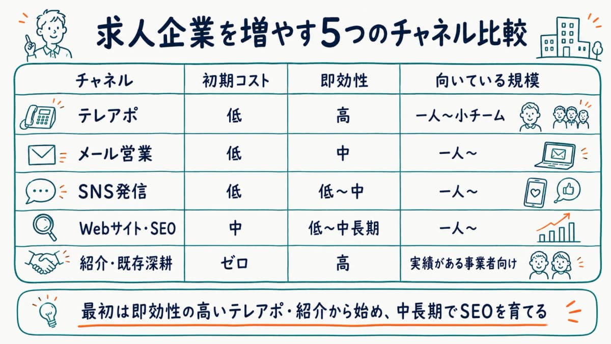 求人企業を増やす5つのチャネル比較