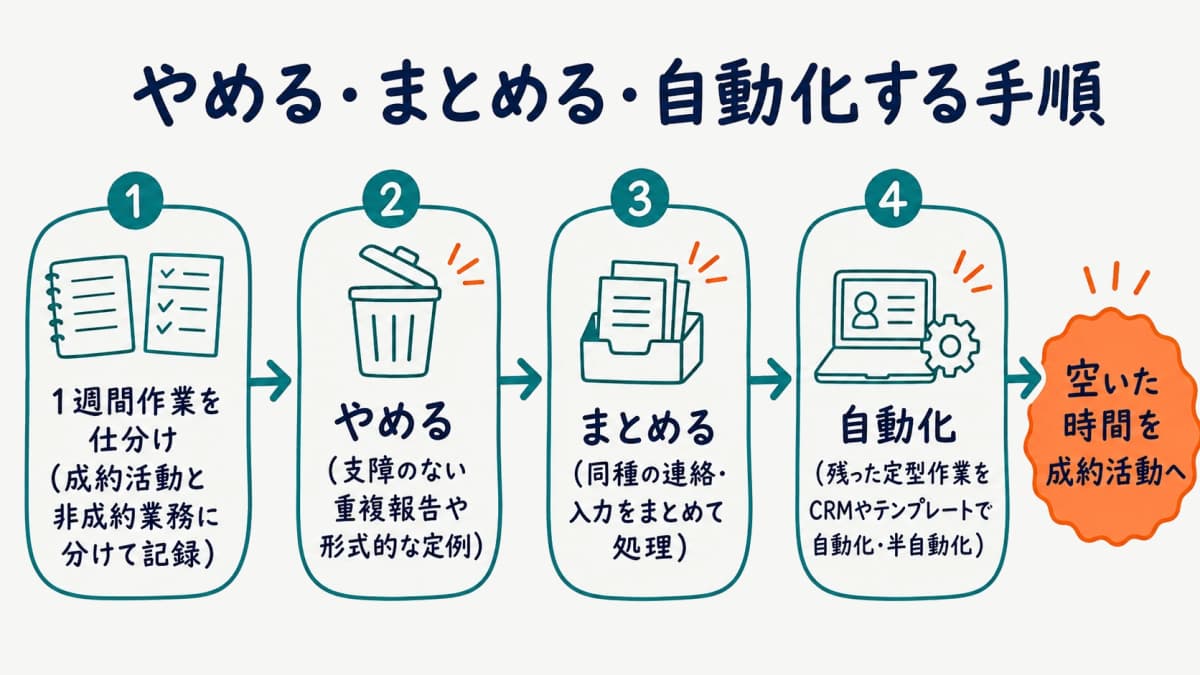非成約業務を削減し自動化する手順を示したフロー図