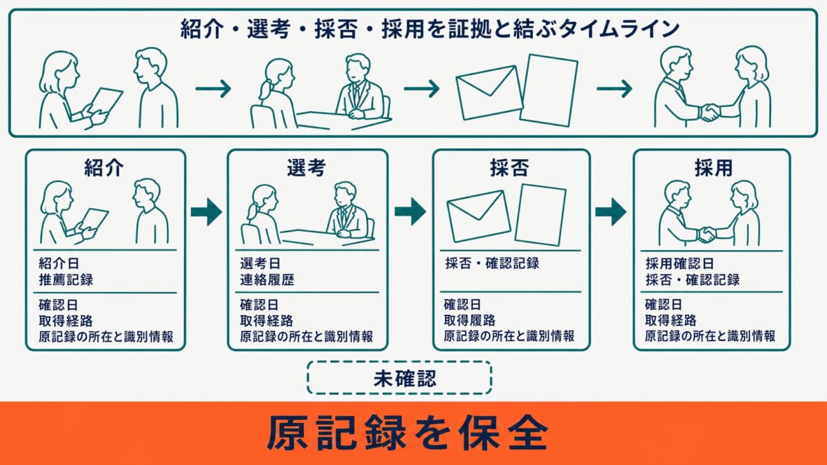紹介・選考・採否・採用を証拠と結ぶタイムライン