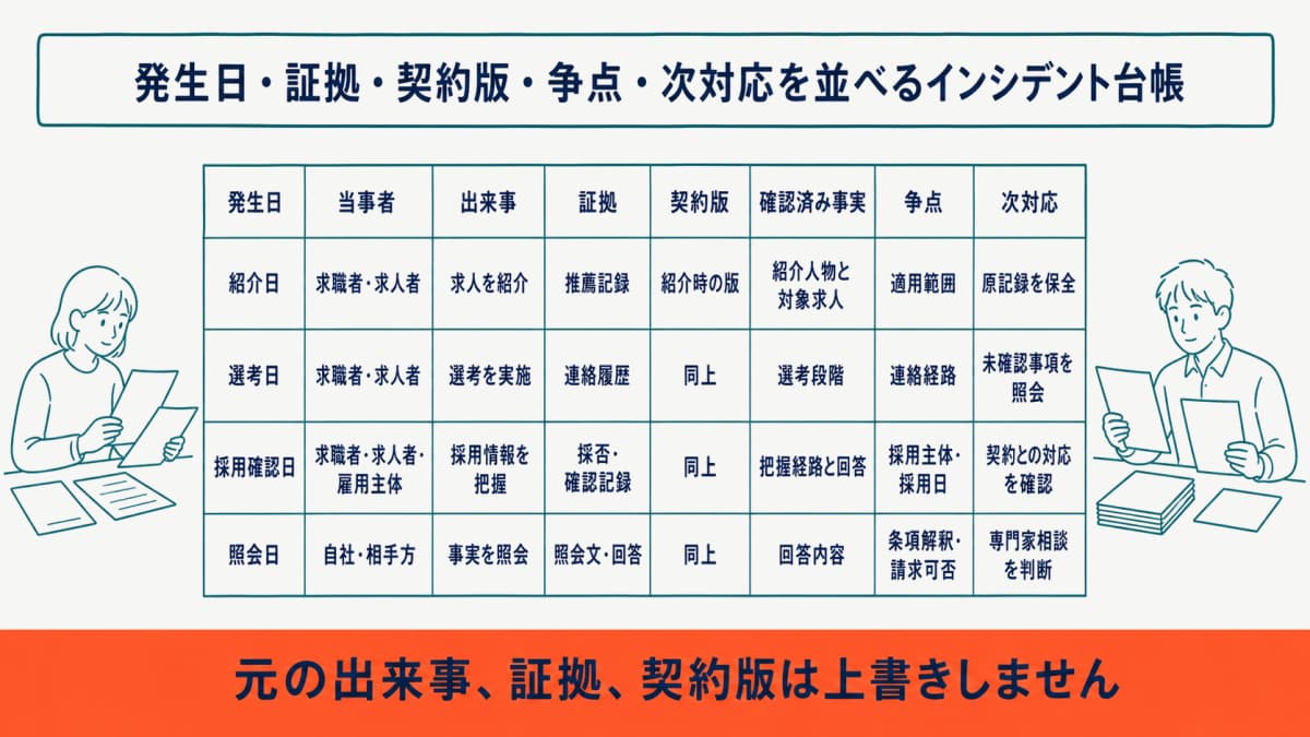 発生日・証拠・契約版・争点・次対応を並べるインシデント台帳