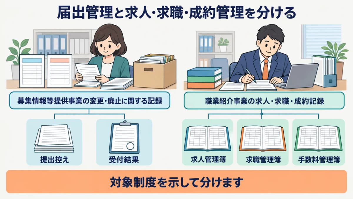 募集情報等提供事業の届出管理と職業紹介の求人・求職・成約管理を分ける図