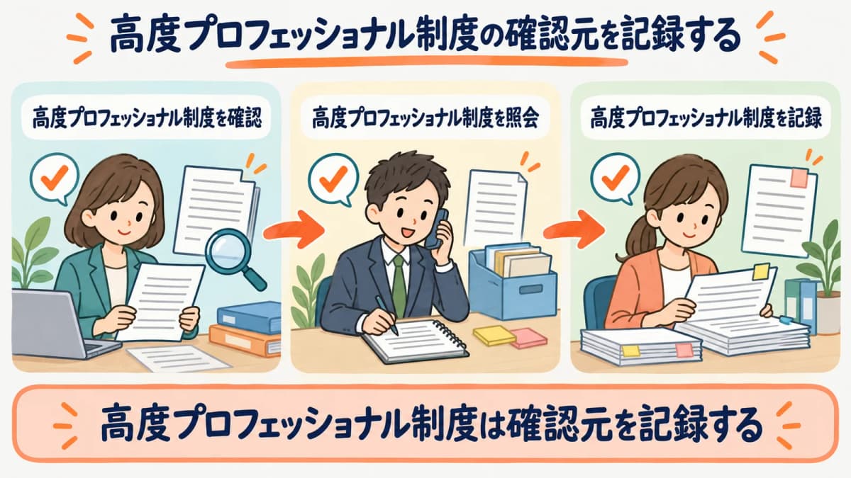 高度プロフェッショナル制度の確認元を、確認・照会・記録の3段で残す流れを示した図