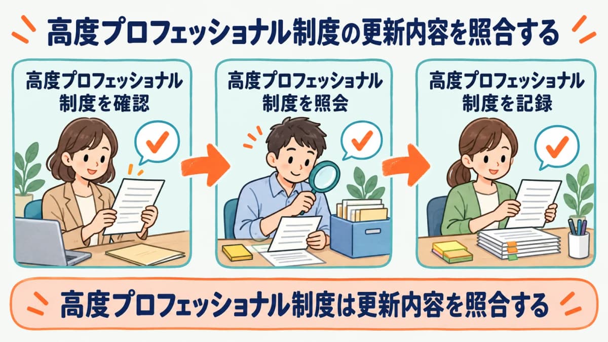 高度プロフェッショナル制度の更新内容を、確認・照会・記録の3段で照合する流れを示した図
