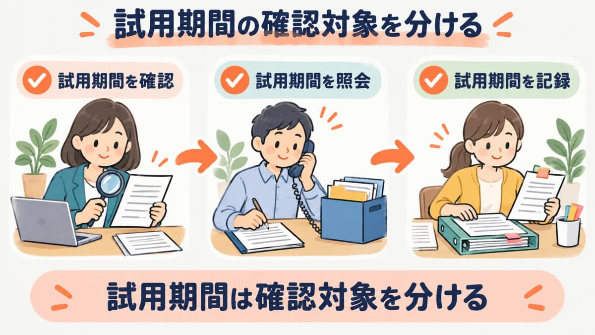 試用期間の確認対象を、確認・照会・記録の3段に分けて示した図