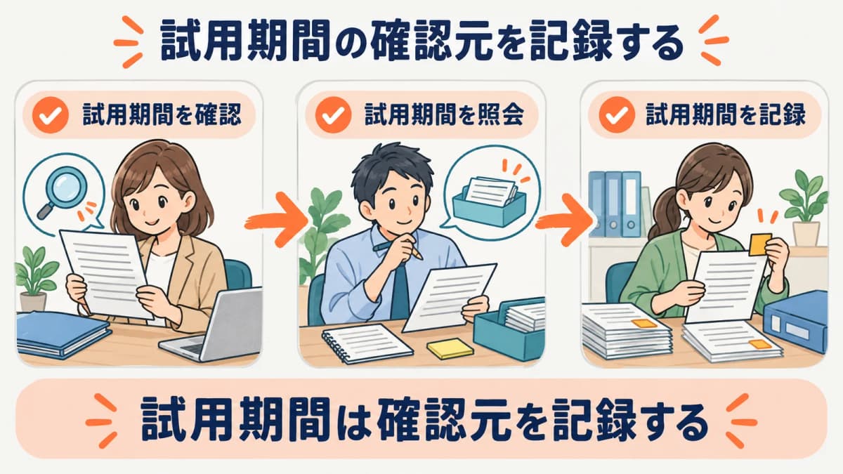 試用期間の確認元を、確認・照会・記録の3段で残す流れを示した図