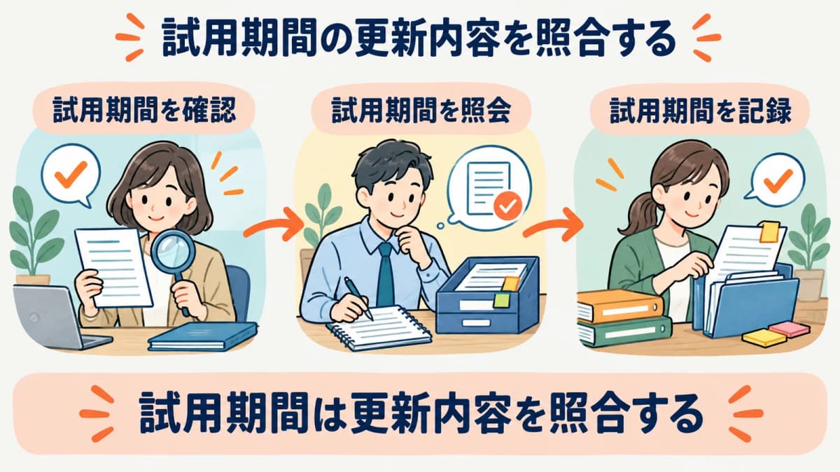 試用期間の更新内容を、確認・照会・記録の3段で照合する流れを示した図