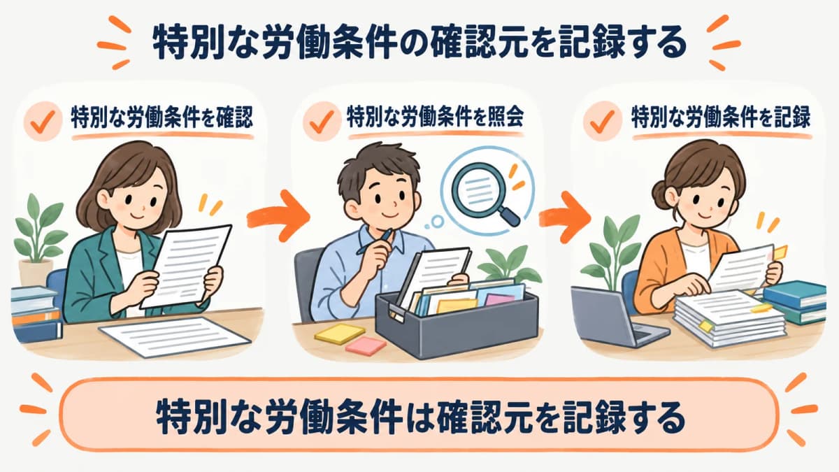 特別な労働条件の確認元を、確認・照会・記録の3段で残す流れを示した図