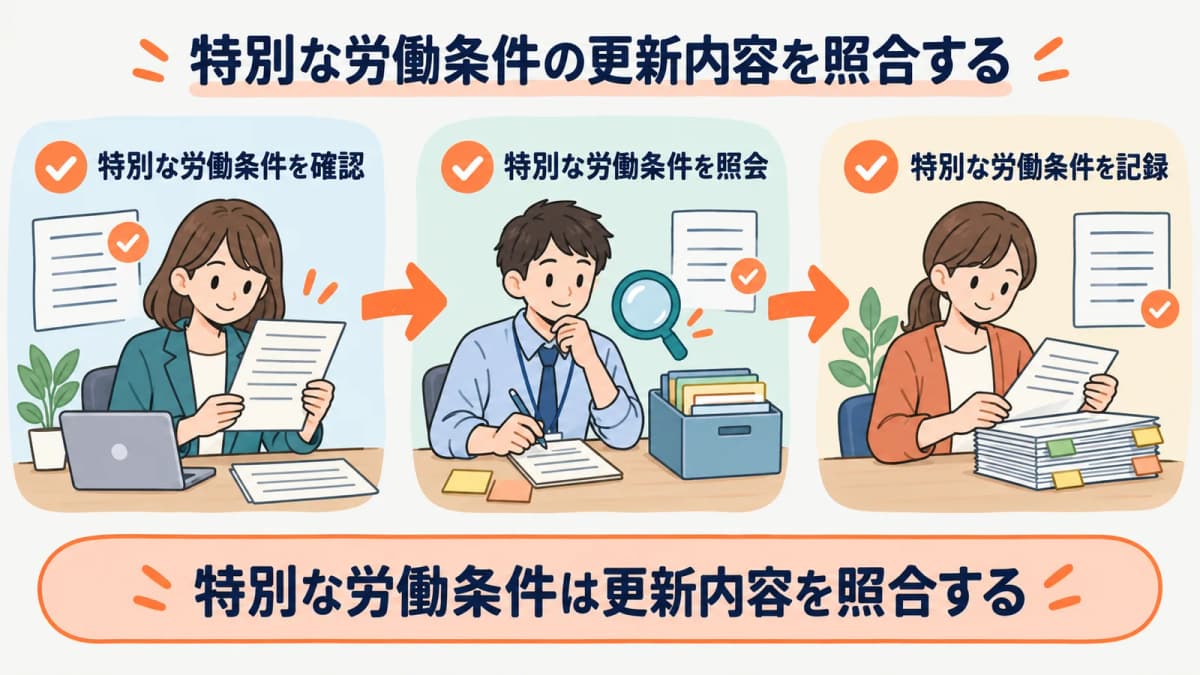 特別な労働条件の更新内容を、確認・照会・記録の3段で照合する流れを示した図