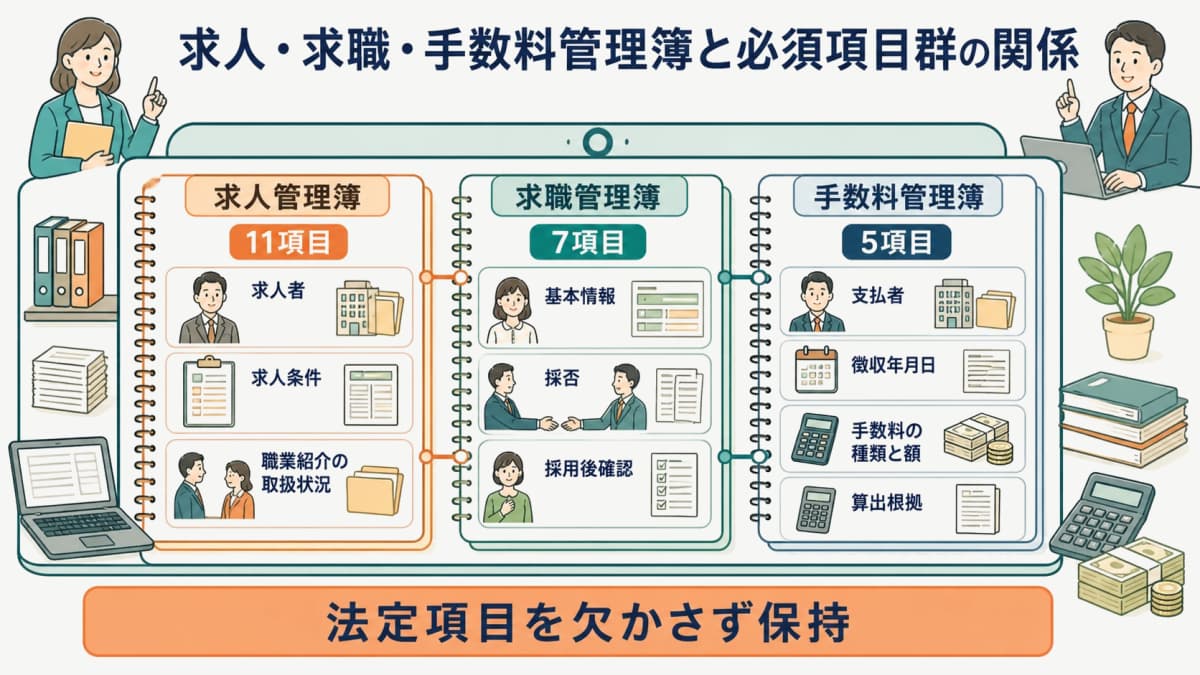 求人・求職・手数料管理簿と必須項目群の関係