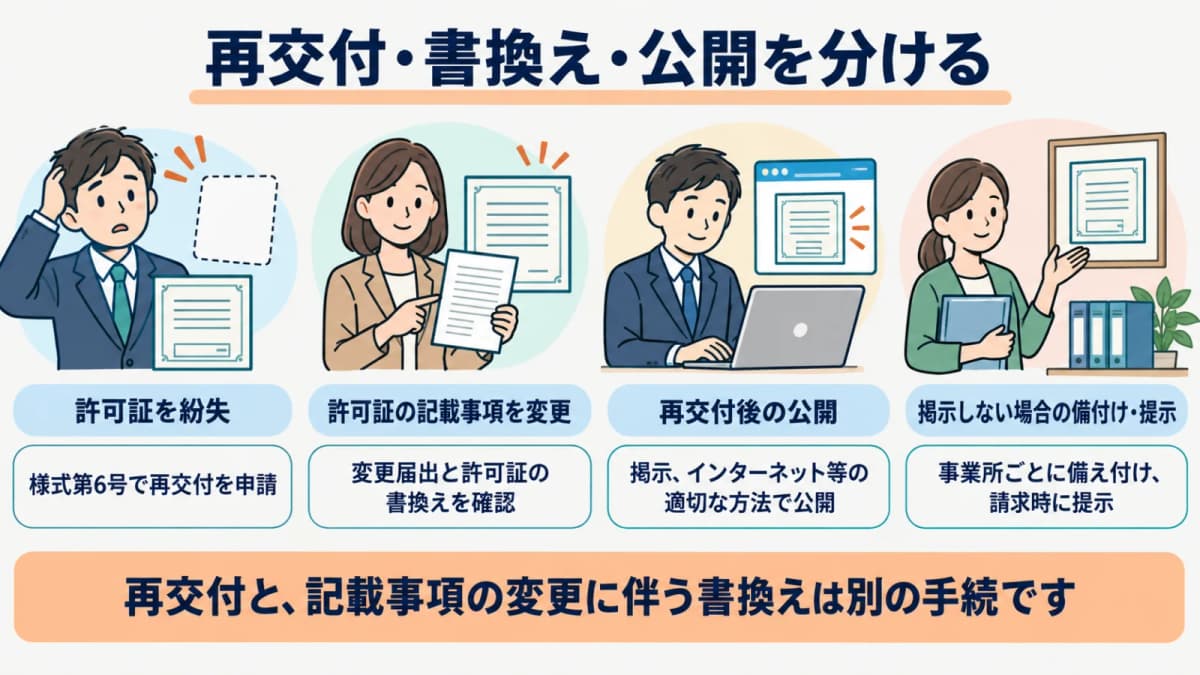 許可証の紛失・記載事項変更・再交付後の公開に対応する手続の違い