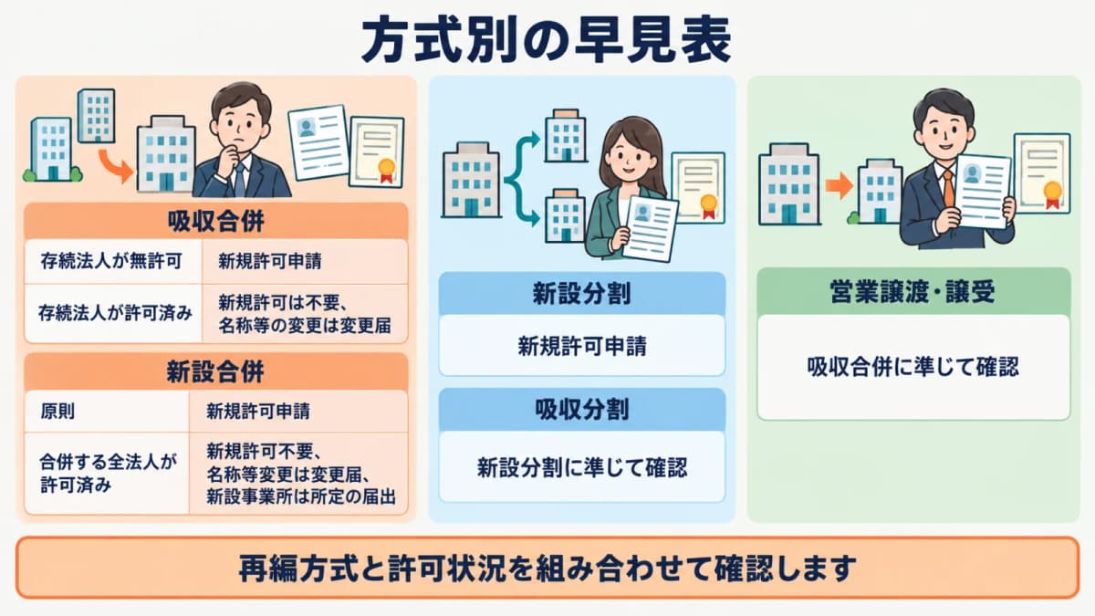 合併・会社分割・営業譲渡の方式と関係法人の許可状況から手続を分ける図