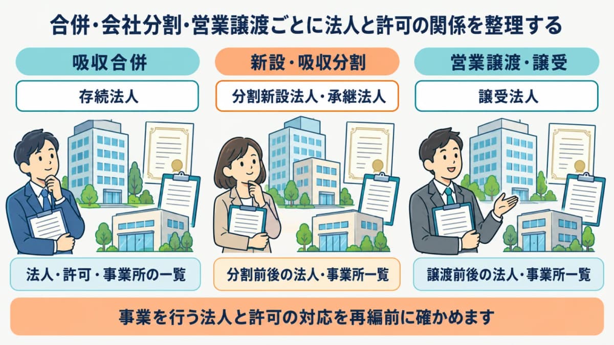 合併・会社分割・営業譲渡ごとに法人と許可の関係を整理する図