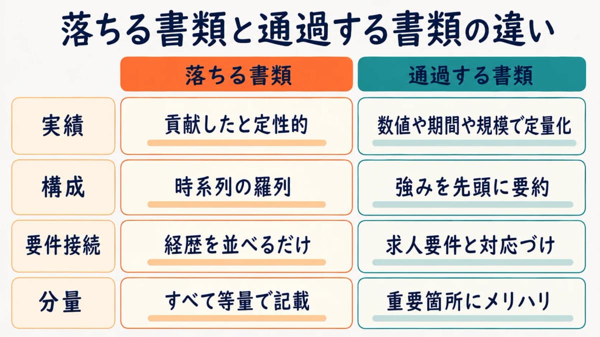 書類選考で落ちる職務経歴書によくある共通点を示す図解