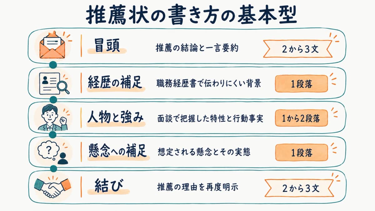推薦状の構成要素と書き方の基本型を示す図解