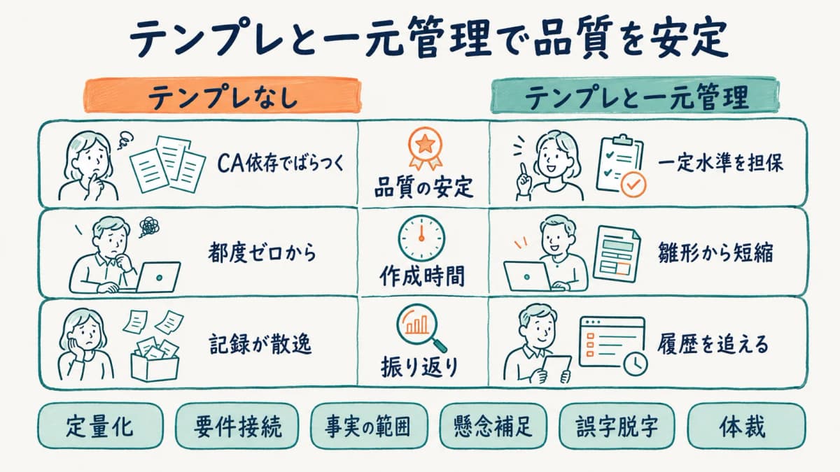 添削と推薦状のテンプレート活用と品質管理の仕組みを示す図解