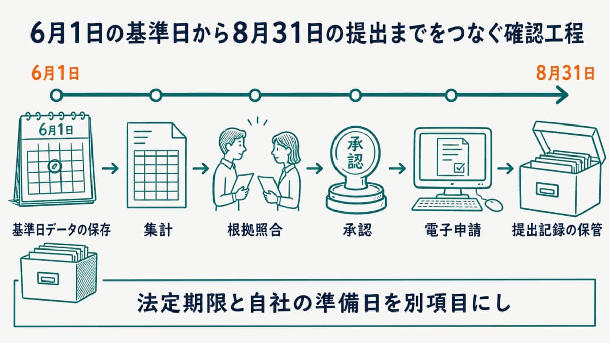 6月1日の基準日から8月31日の提出までをつなぐ確認工程