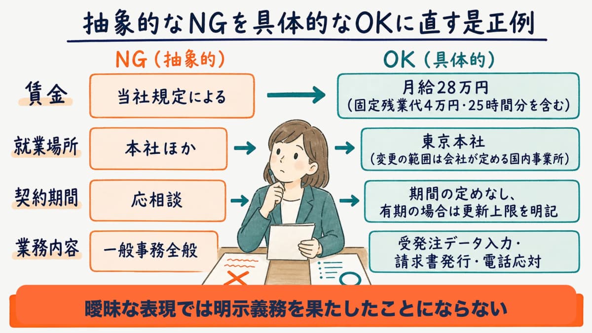 抽象的なNG表現と具体的なOK表現を対比した労働条件明示の是正例の図
