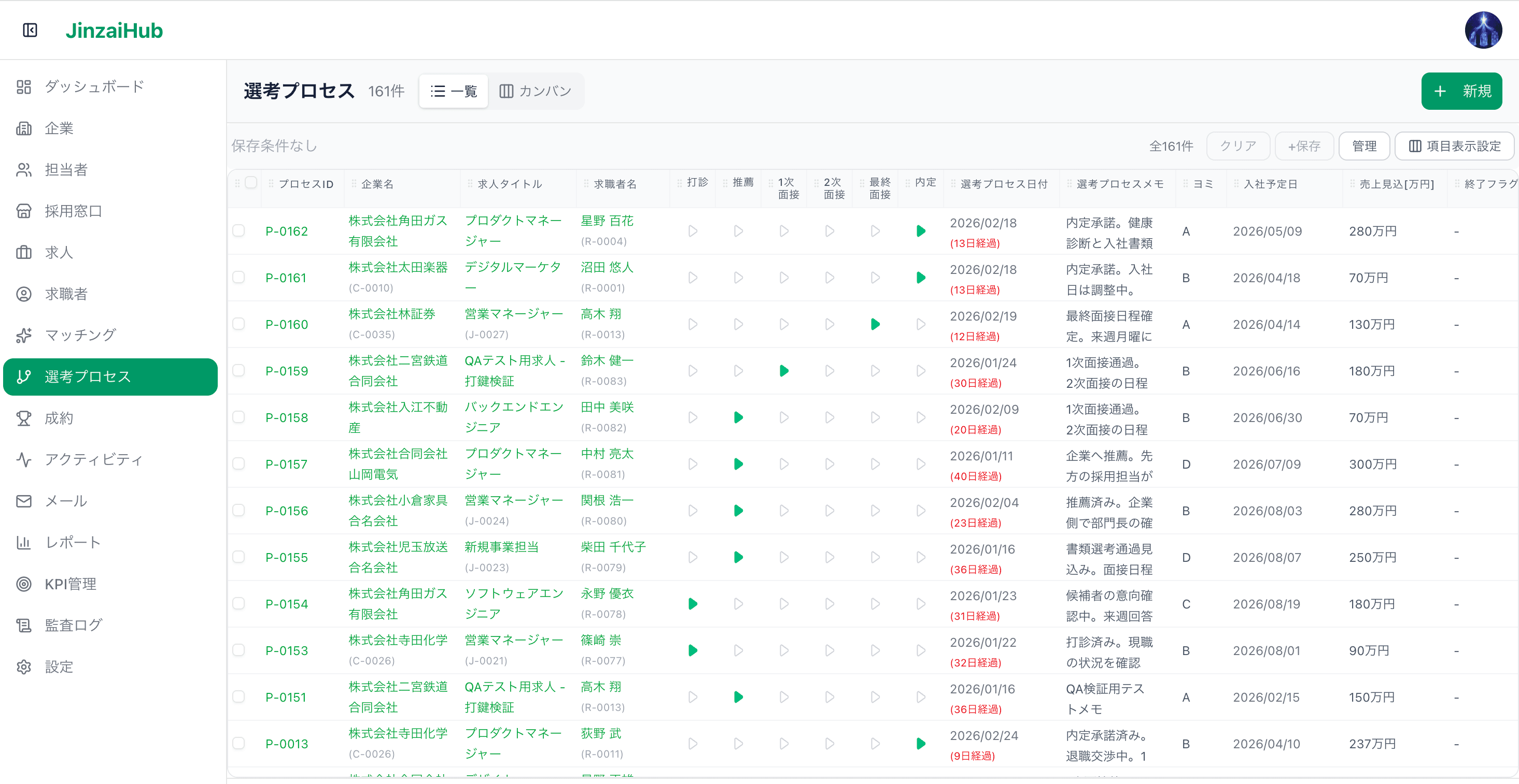 人材HUB 選考プロセス一覧画面