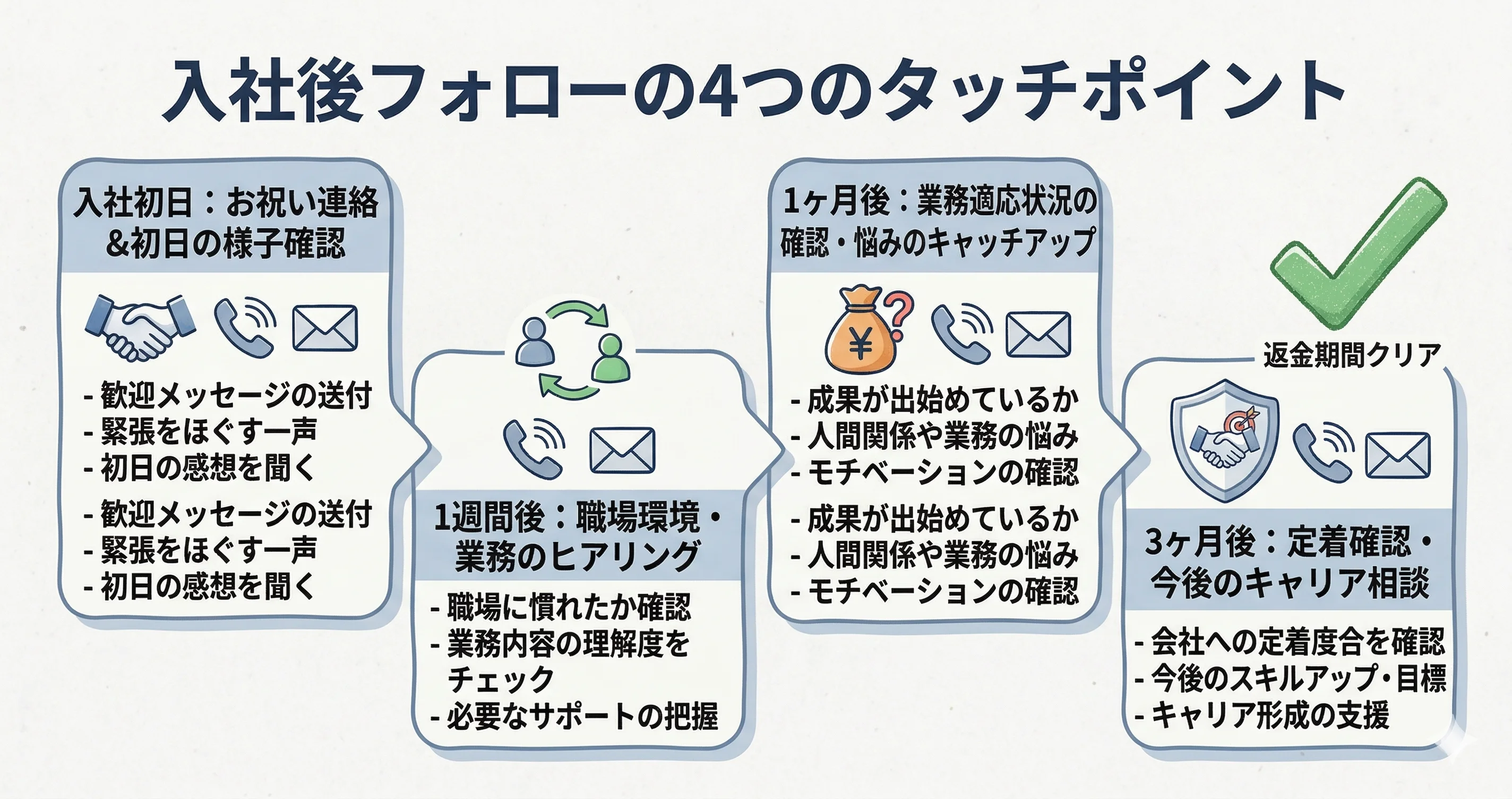 入社後フォローのスケジュール(初日〜3ヶ月)