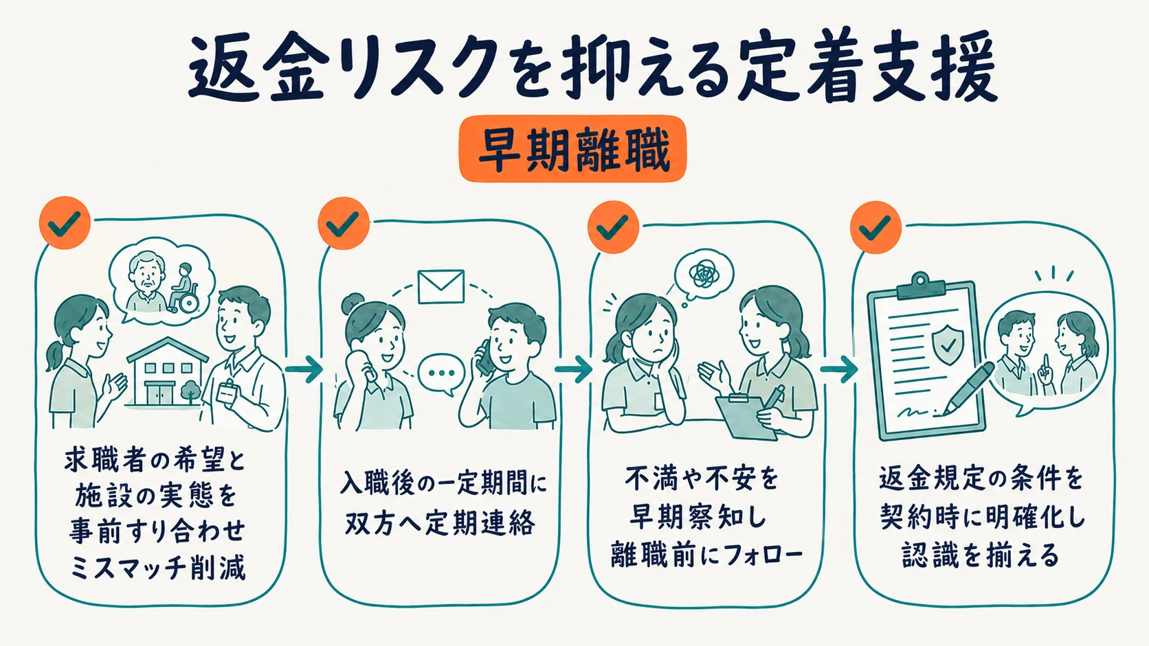 入職後の定着支援フローと早期離職対策を示した図