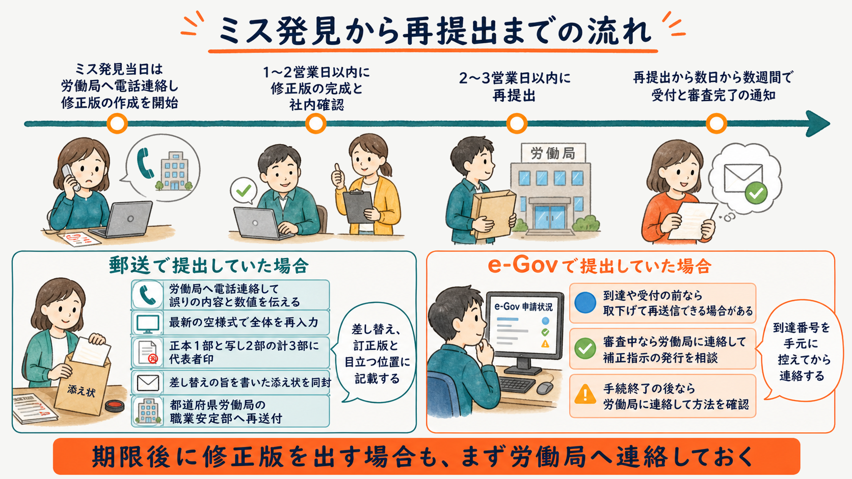 郵送とe-Gov別の再提出フロー