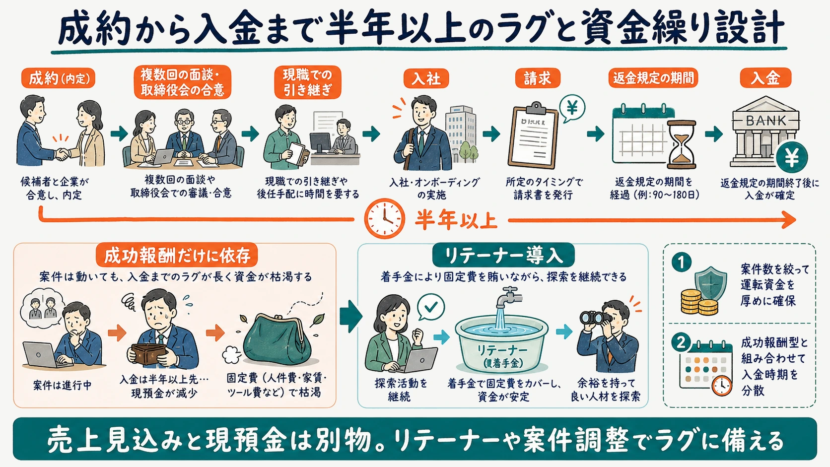 成約から入金まで半年以上かかる構造とリテーナー導入による資金繰り安定化を示す図