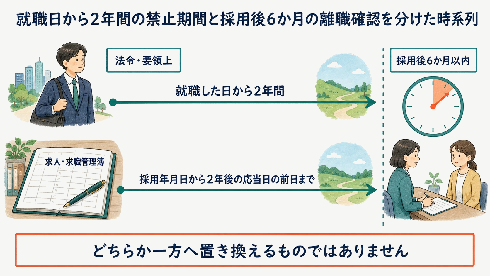 就職日から2年間の禁止期間と採用後6か月の離職確認を分けた時系列