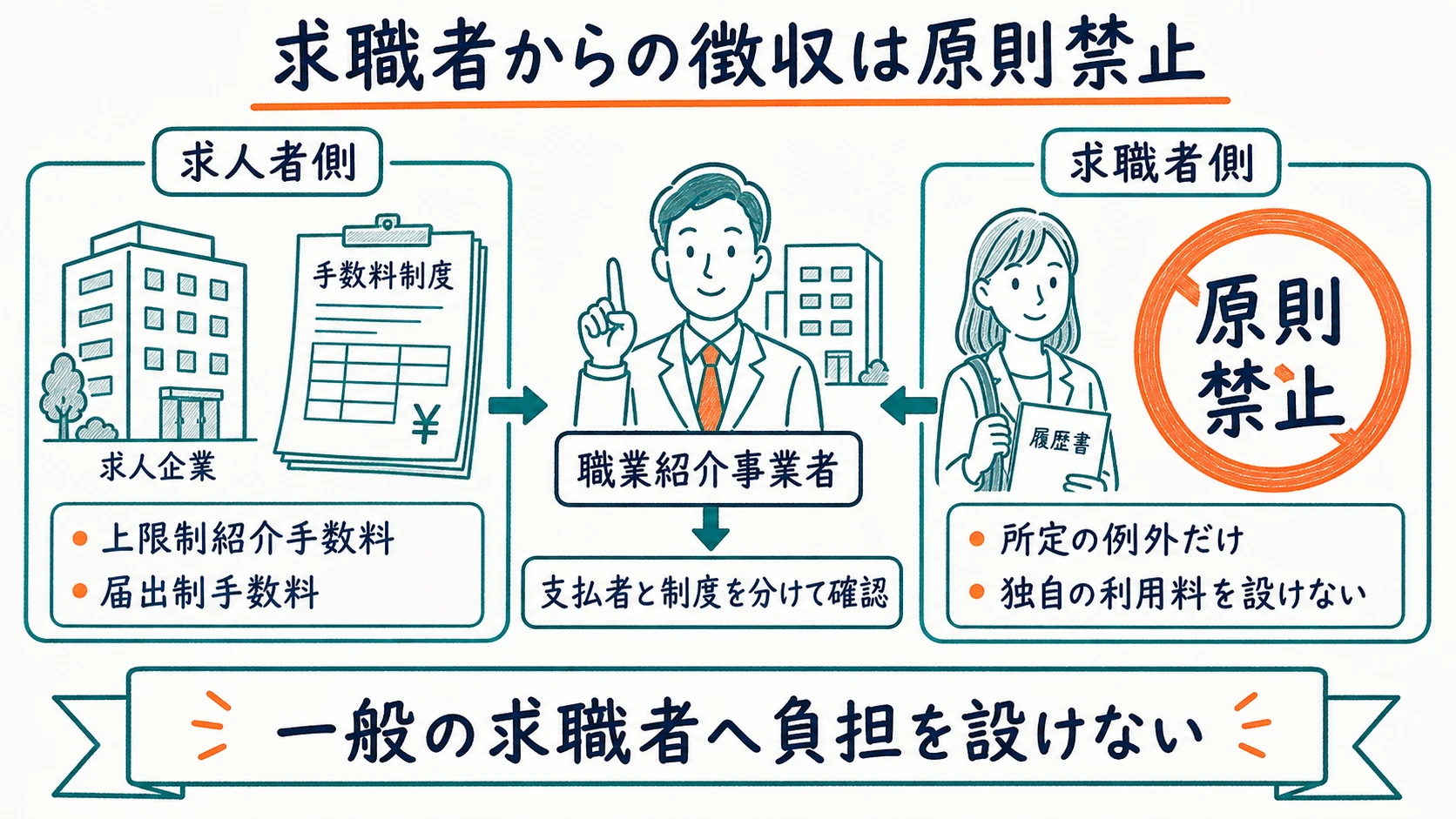 求職者からの徴収は原則禁止で求人者側手数料とは別に判断することを示す図