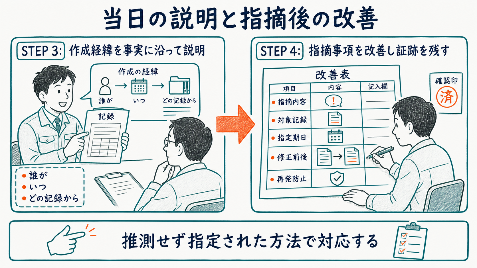 定期指導当日の事実説明から指摘事項の改善と証跡保存までを示す図