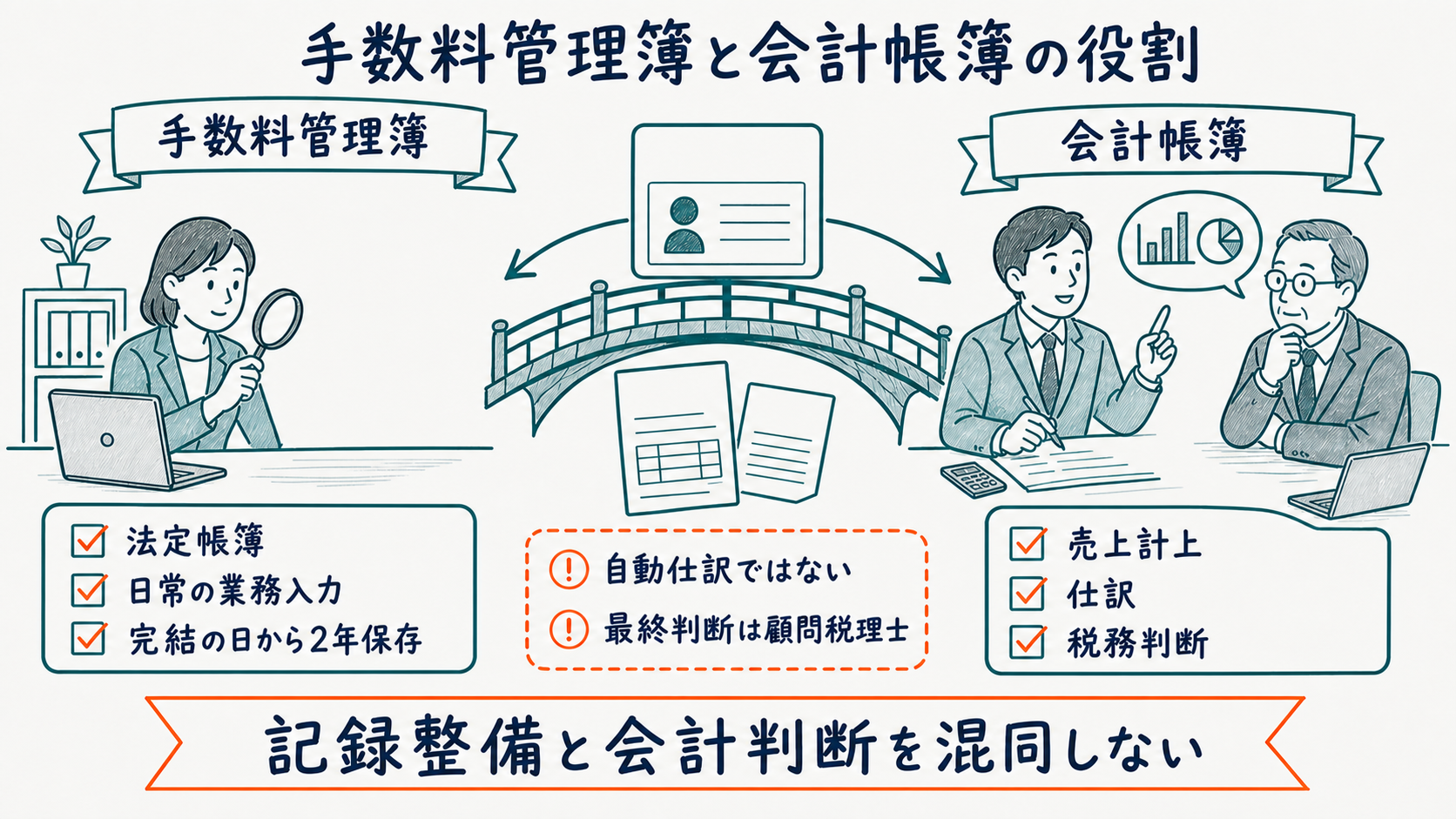 法定の手数料管理簿と会計帳簿の役割および人材HUBの対応範囲を比較した図