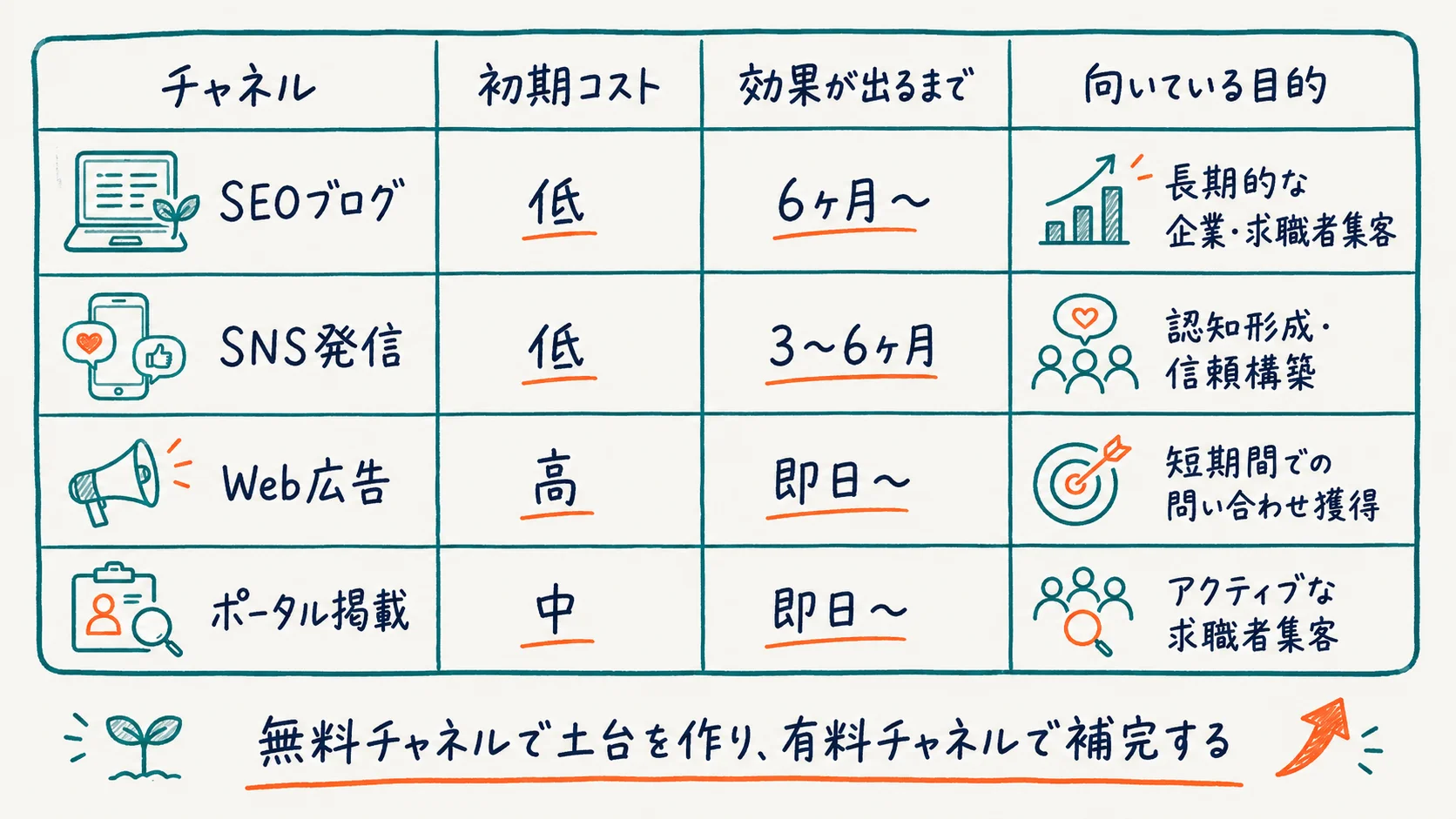 Web集客4チャネルの特性比較表